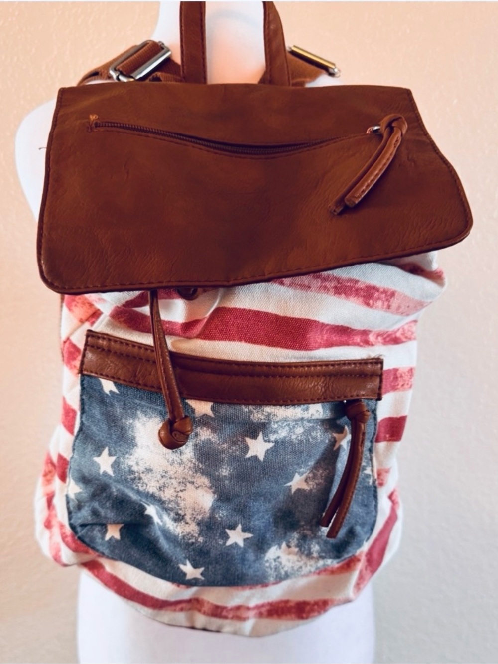 Rustic Distressed American Flag Canvas & Faux Leather Drawstring Backpack